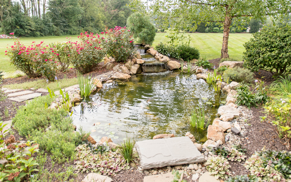 Outdoor landscaping and water feature